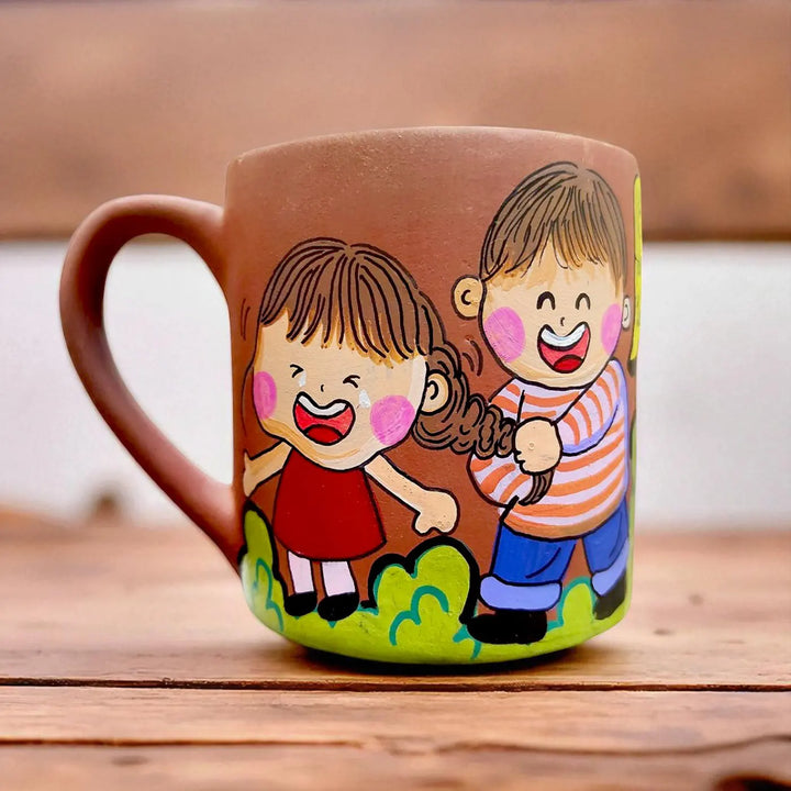 Hand-Painted Siblings Caricature Illustration Terracotta Mug