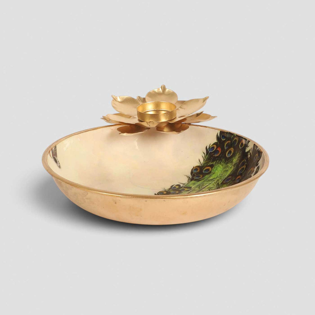 Handmade Green Meena Enamel Peacock Urli With Floral Tealight Holder For Festive Decor
