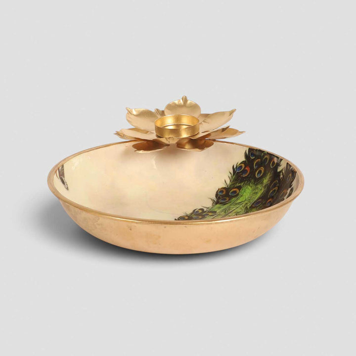 Handmade Green Meena Enamel Peacock Urli With Floral Tealight Holder For Festive Decor