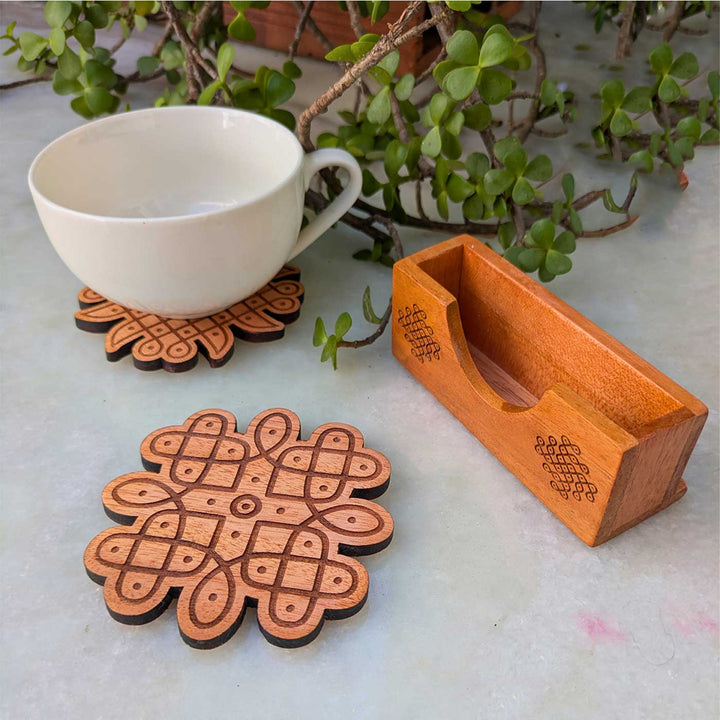 2 pc | Engraved Mahogany Wood Floral Kolam Coasters With Holder For Coffee Table & Dining Decor