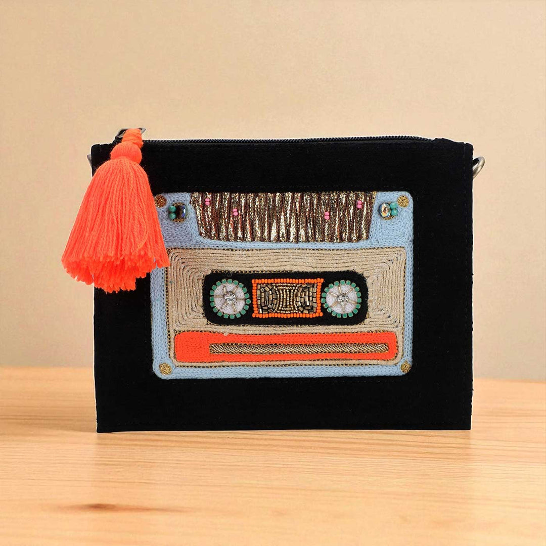 Handmade Embroidered Cassatte Design Black Velvet Sling Bag