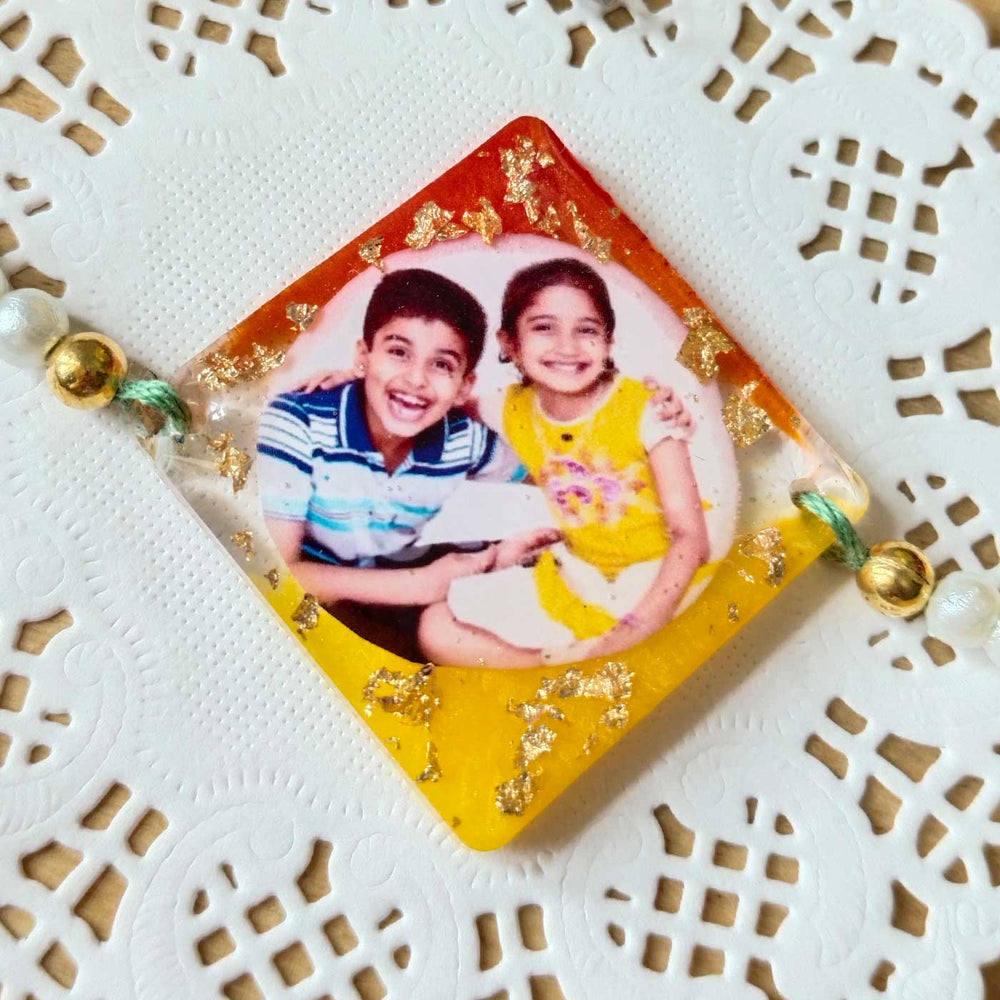 Photo Personalized Brother And Sister Design Resin Rakhi - Front View