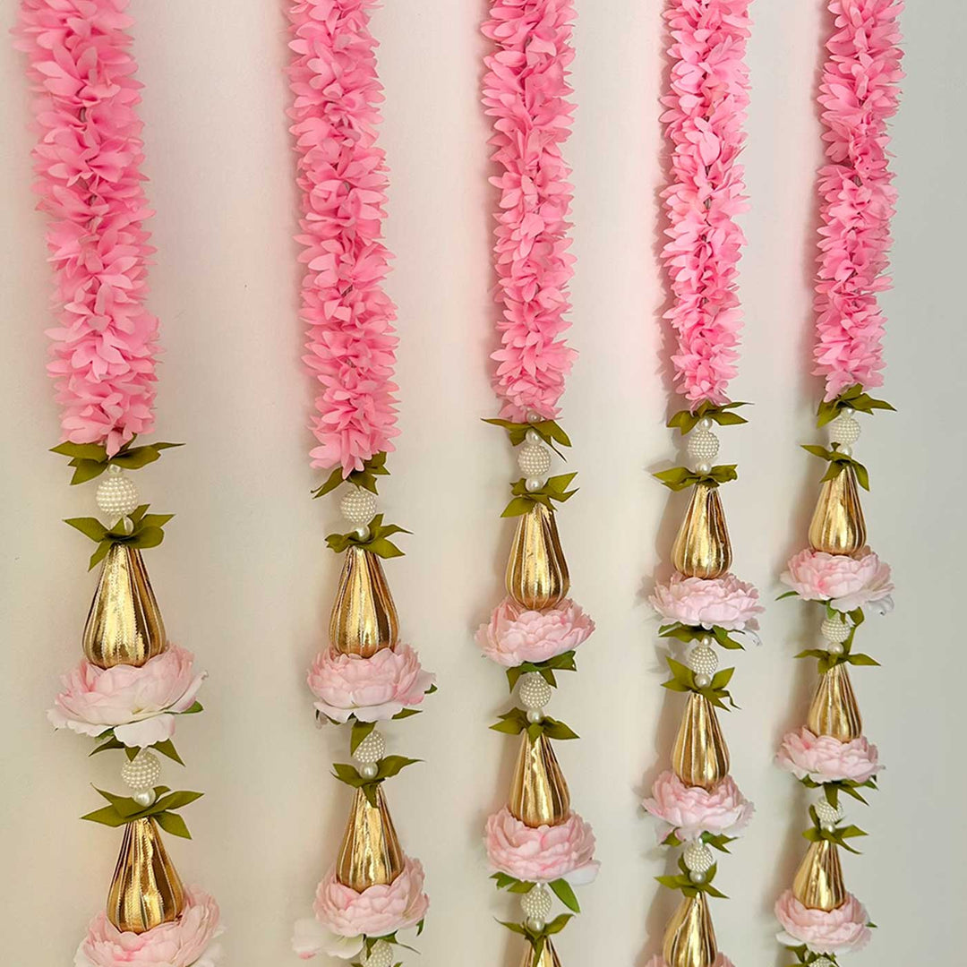 5 Pc | Handmade Pink Gajra & Flower Hangings With Golden Accents