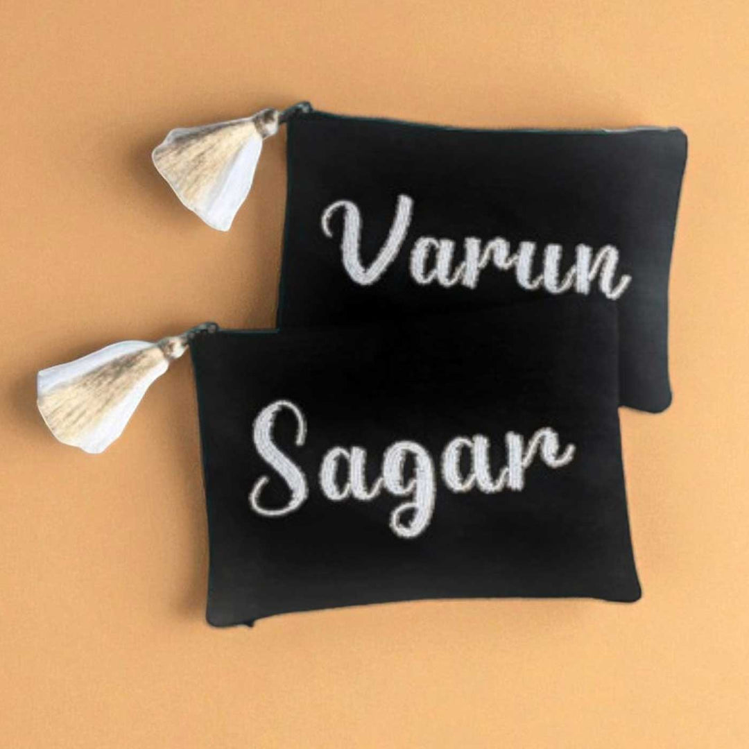 Personalized Handmade Embroidered White Letters Solid Black Velvet Pouch