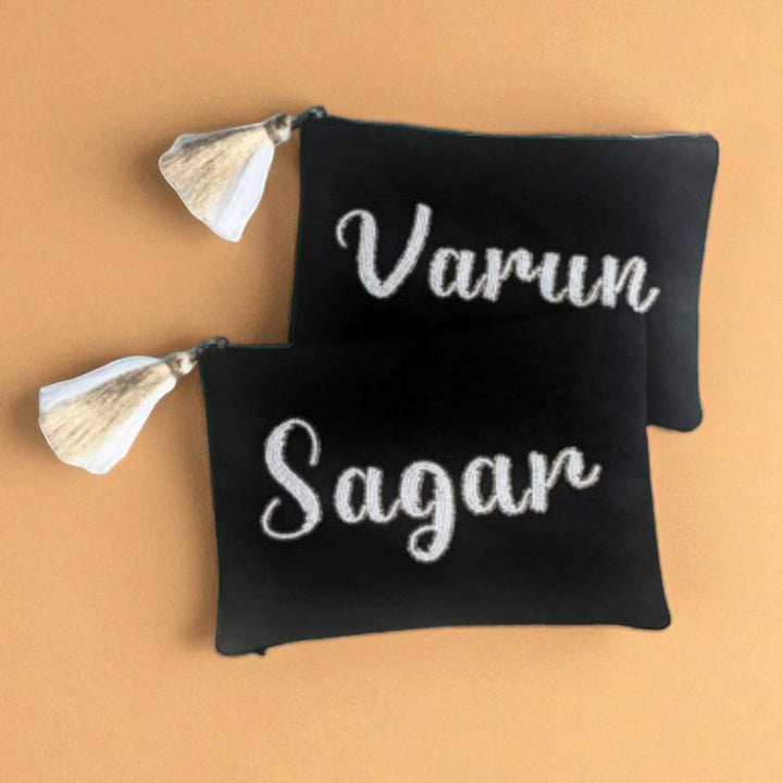 Personalized Handmade Embroidered White Letters Solid Black Velvet Pouch