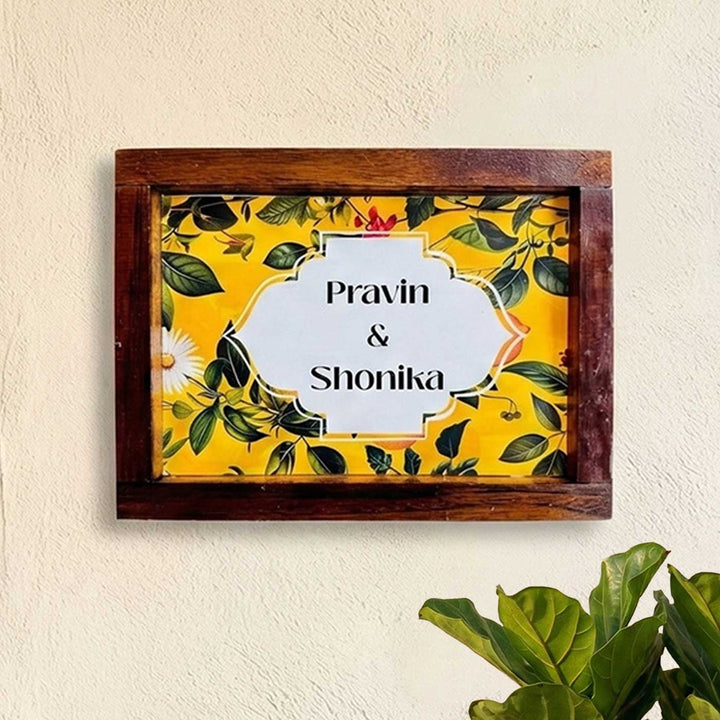Personalized Yellow Garden Theme Resin Name Plate With Teak Wood Frame