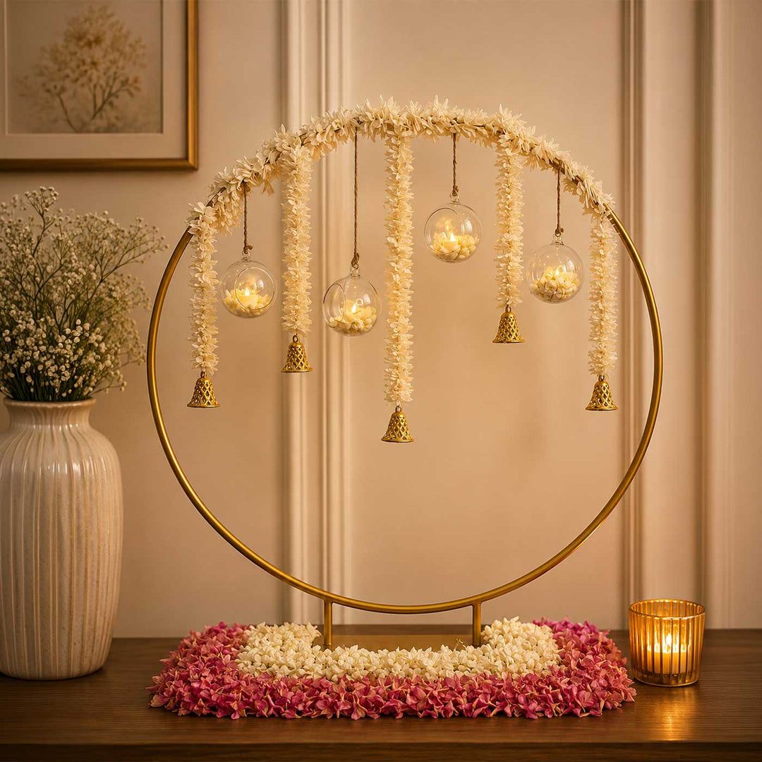 White Jasmine Garland Circular Backdrop Decor Kit With Bells & Hanging Glass Balls