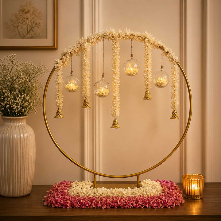 White Jasmine Garland Circular Backdrop Decor Kit With Bells & Hanging Glass Balls