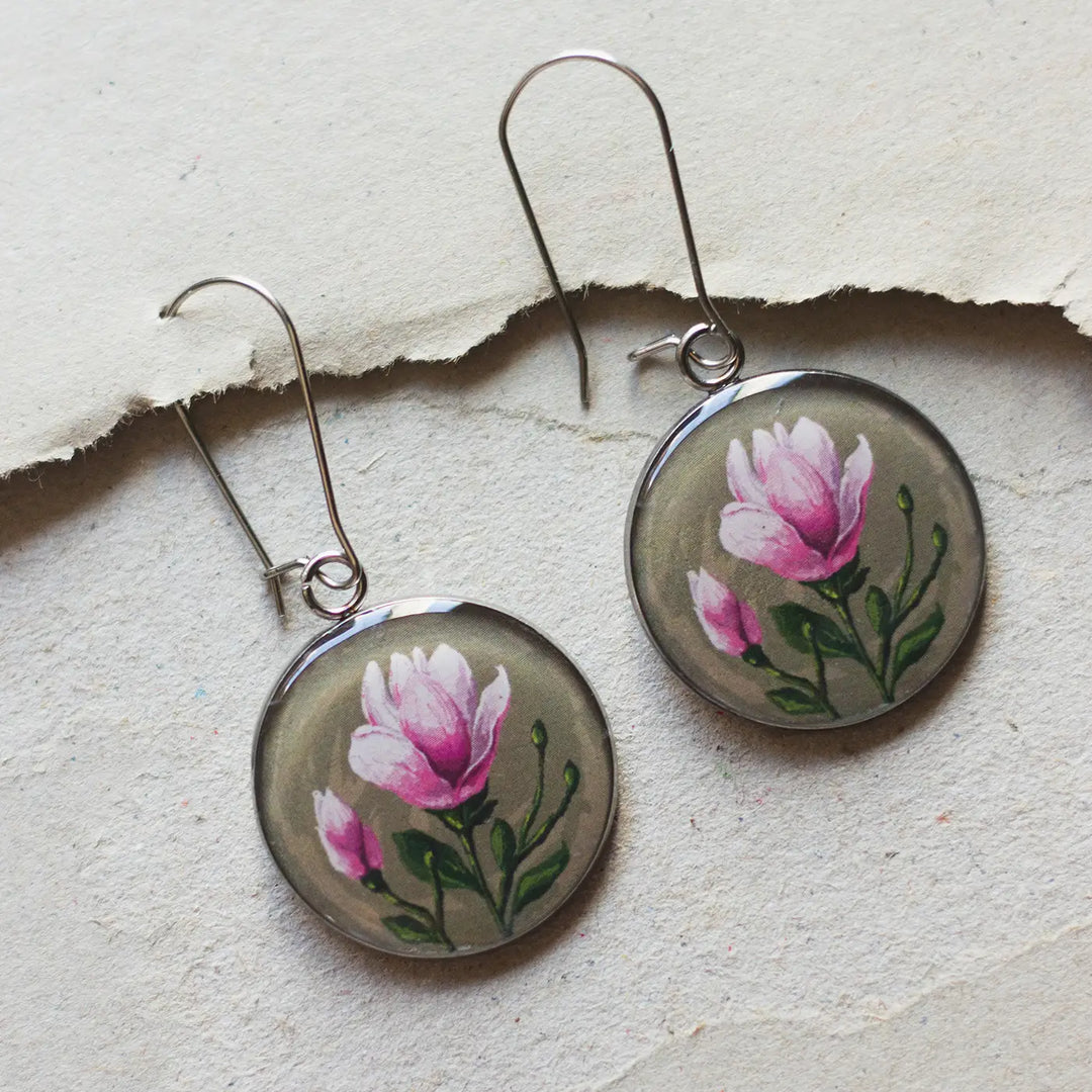 Illustrated Magnolia Flower Design Resin & Stainless Steel Earrings