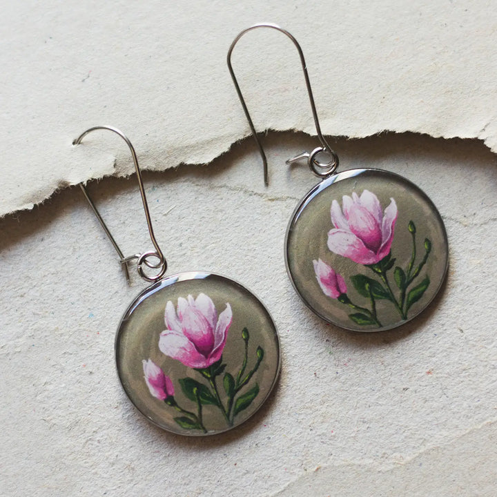 Illustrated Magnolia Flower Design Resin & Stainless Steel Earrings