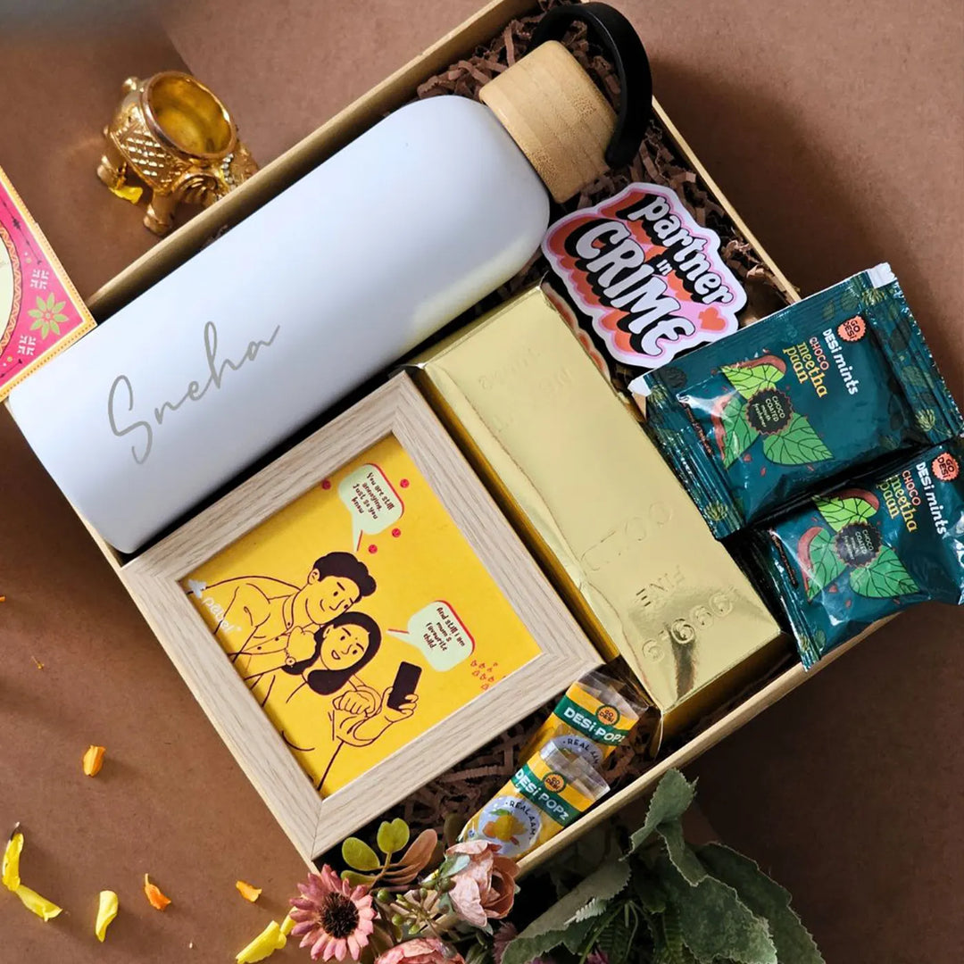 Personalized Bachpan Ki Yaadien Rakhi Hamper | Includes 1 Bottle, 1 Photo Frame, 1 Fridge Magnet, 2 Paan Mints, 1 Dry Fruit Box & 2 Desi Pops