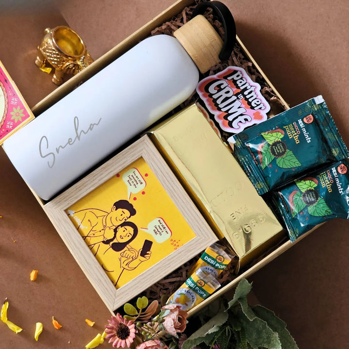 Personalized Bachpan Ki Yaadien Rakhi Hamper | Includes 1 Bottle, 1 Photo Frame, 1 Fridge Magnet, 2 Paan Mints, 1 Dry Fruit Box & 2 Desi Pops