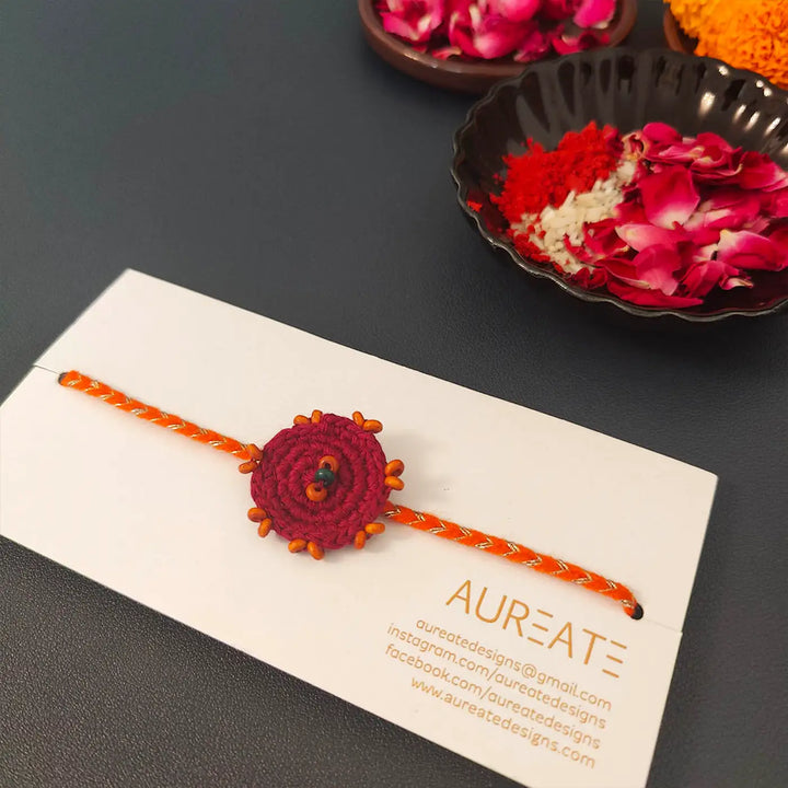 Handmade Crochet Beaded Round Ethnic Rakhi With Roli Chawal