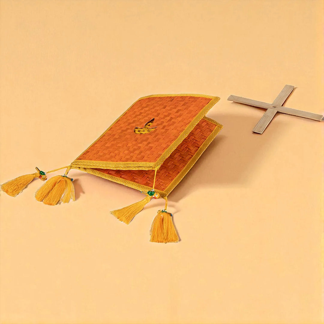 Orange & Yellow Zari Border Handmade Woven Bamboo Square Hanging Lampshade