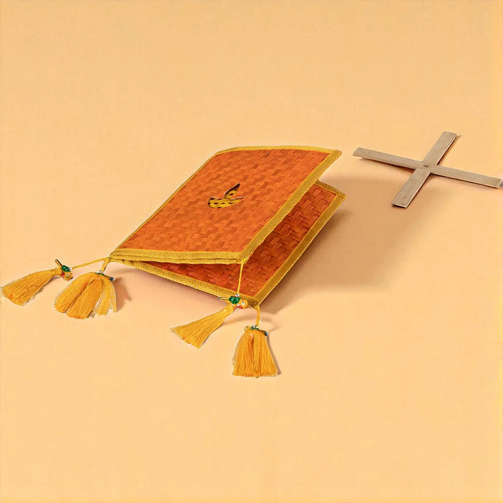 Orange & Yellow Zari Border Handmade Woven Bamboo Square Hanging Lampshade