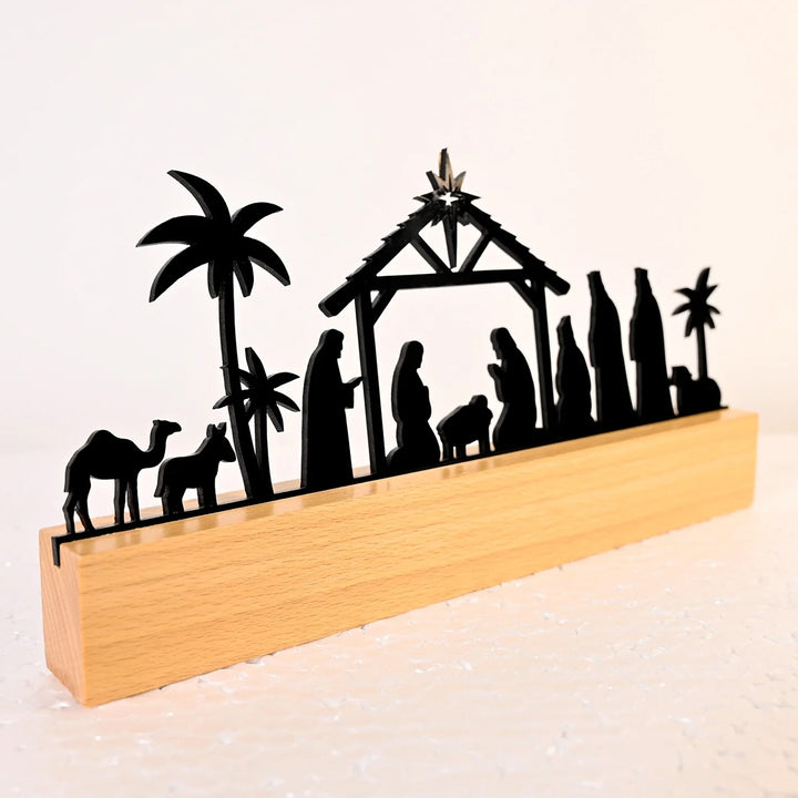 Laser Cut Nativity Scene Acrylic Silhouette With Wooden Base