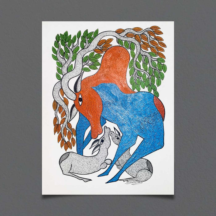 11 x 15 Inch | A Mother’s Embrace Of Cow | Original Hand Painted Tribal Gond Art Painting | Acrylic Paint On Paper