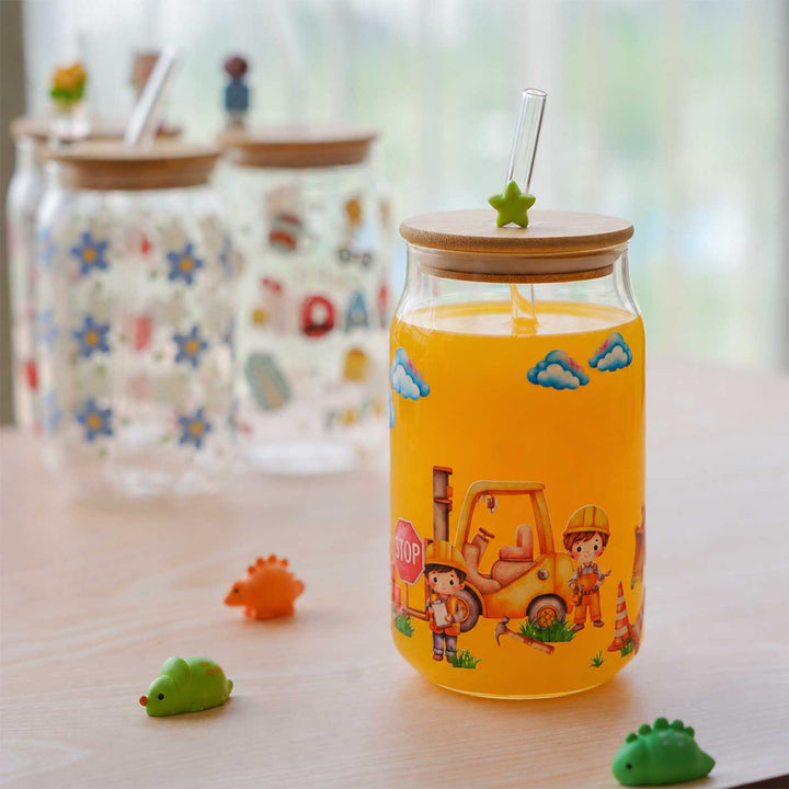 Cute Printed "Bob The Builder" Theme Glass Tumbler With Straw For Kids