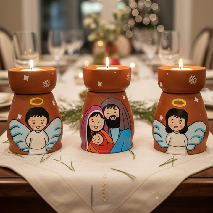 Hand-Painted Holy Family & Angels Terracotta Tealight Holders | Set Of 3