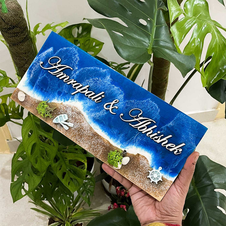 Coastal Beach Wave Laser-Cut Handcrafted Resin Pinewood Personalized Name Plate For Home