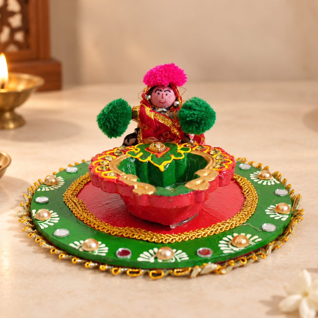 Puppet Handmade Fabric-Wrapped MDF Diya Thali For Pooja Room Decor