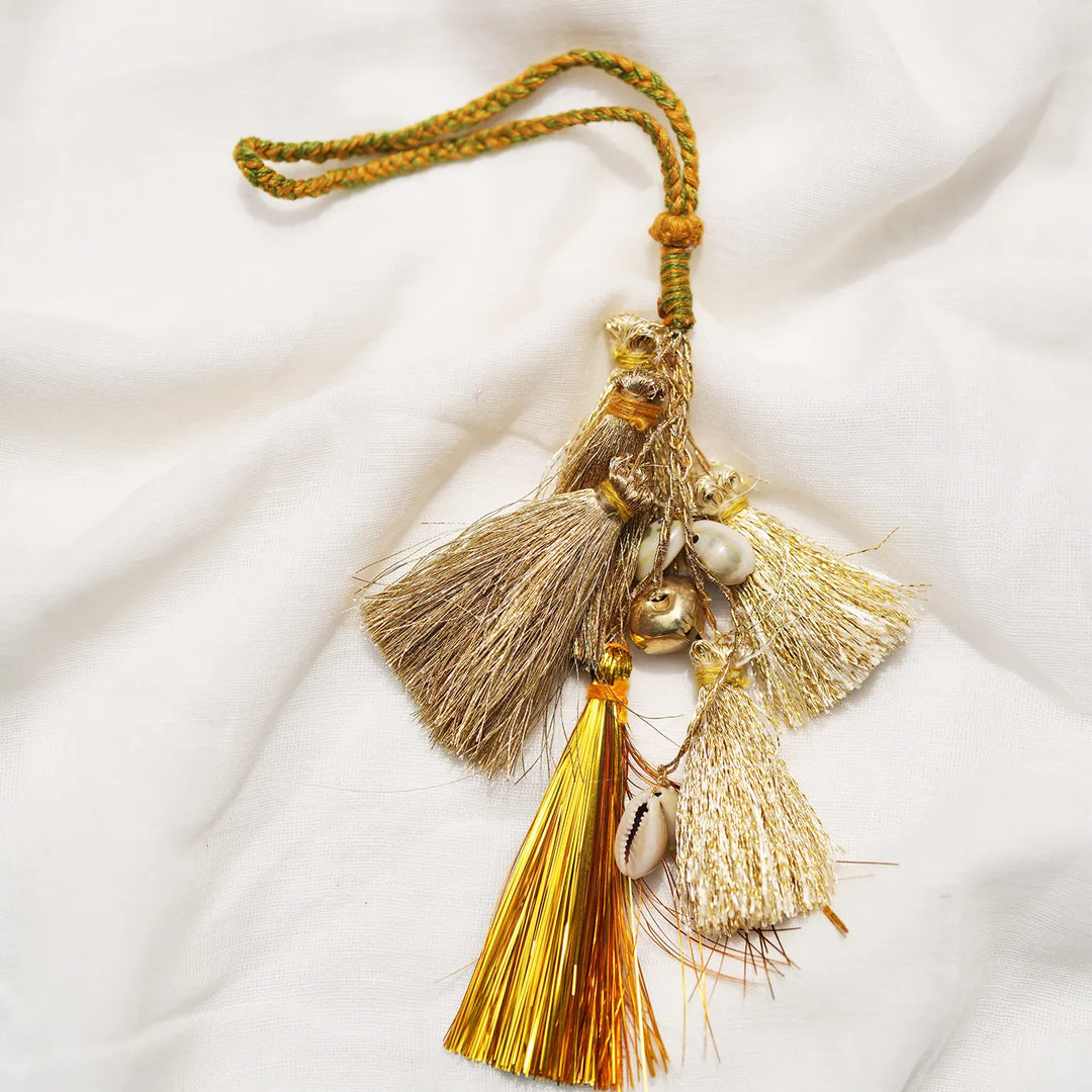 1 pc Lumba + Brass Thali Set | Premium Kaju Katli Golden Tassel Lumba with Roli Chawal