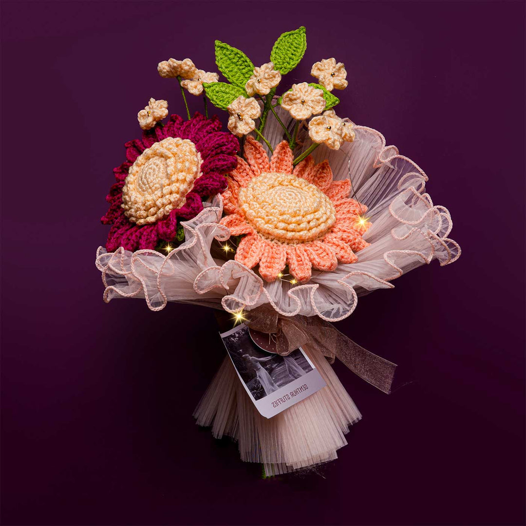Handmade Crochet After The Rain Flower Bouquet With Lights | Includes Photo & Greeting Card