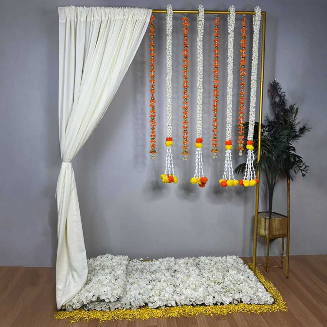 Traditional Orange Tassel Backdrop Decor Kit With Off-White Drape & Jasmine-Marigold Garlands