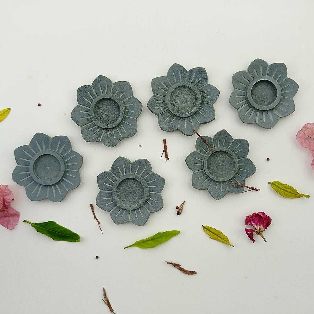 Handmade Grey Zorah Lotus Flower Candle Holder | Set Of 6