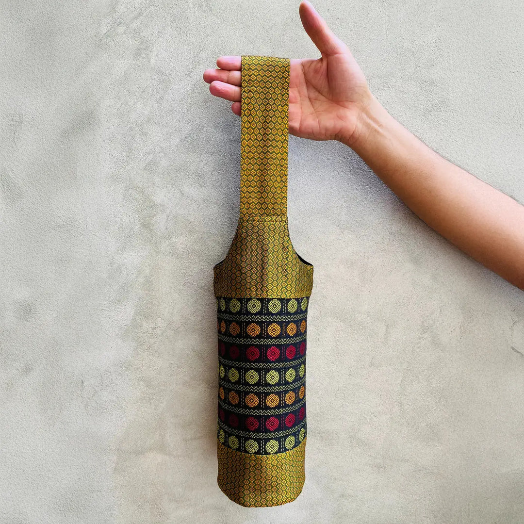 Handmade Gold And Multicolor Floral Khunn Fabric Cotton Bottle Holder