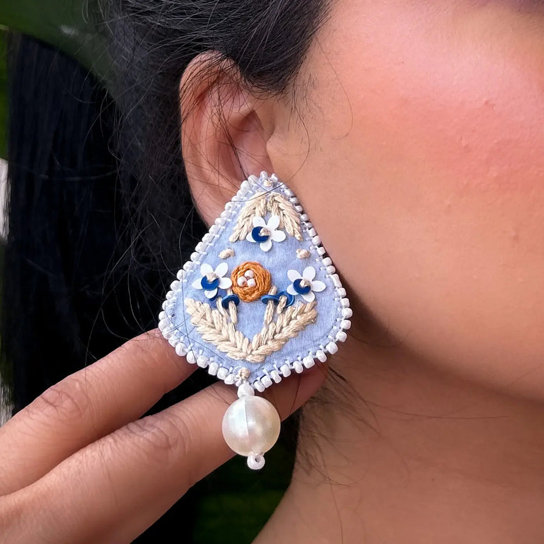 Hand Embroidered Beaded Light Blue Drop-Shaped With Pearl Drop Cotton Earrings