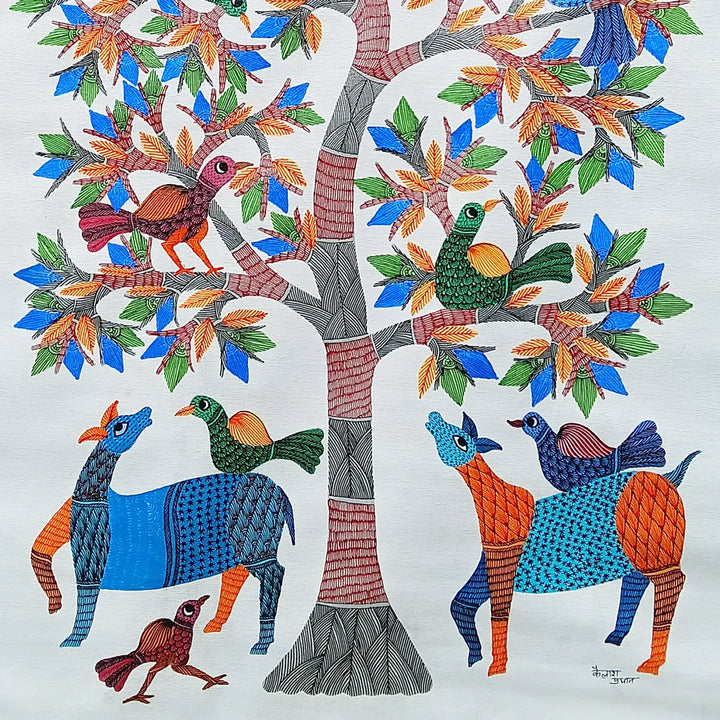 24 x 36 Inch | Tree Of Life With Birds | Original Hand painted Tribal Gond Art Painting | Acrylic Paints On Canvas
