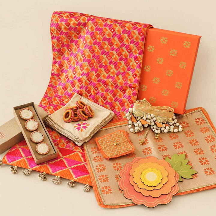 Orange Phulkari Diwali Table And Home Décor Large Gift Hamper For Festive Gifting