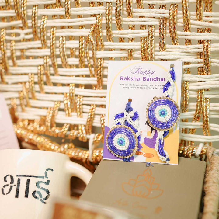 Personalized Handmade Crochet Evil Eye Theme Rakhi Hamper Includes 1 Basket 1 Mug 1 Candle 1 Crochet Flower 2 Rakhis 1 Roli Chawal And 1 Message Card - Evil Eye Rakhi Close-up