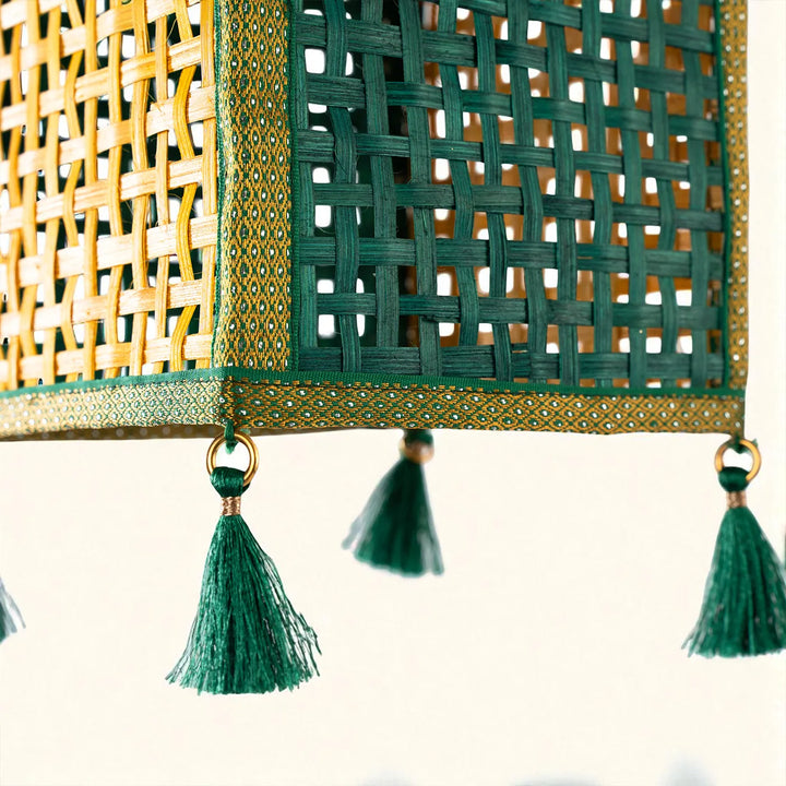 Golden & Green Zari Border Handmade Woven Bamboo Square Hanging Lampshade
