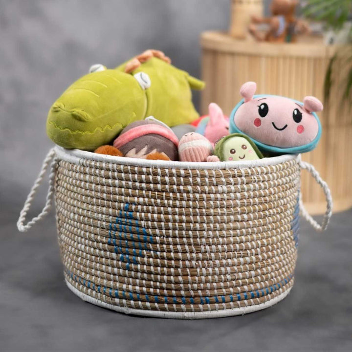 Handmade Ecofriendly Grass Woven Blue Diamond Design Moonj Storage Basket