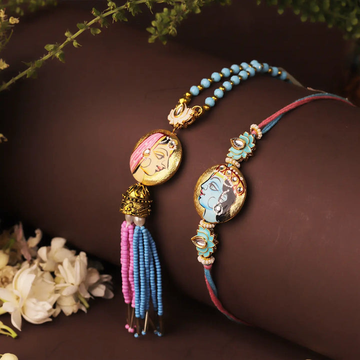 Handmade Beaded Radha Krishna Bhaiya Bhabhi Rakhi With Roli Chawal | Set Of 2