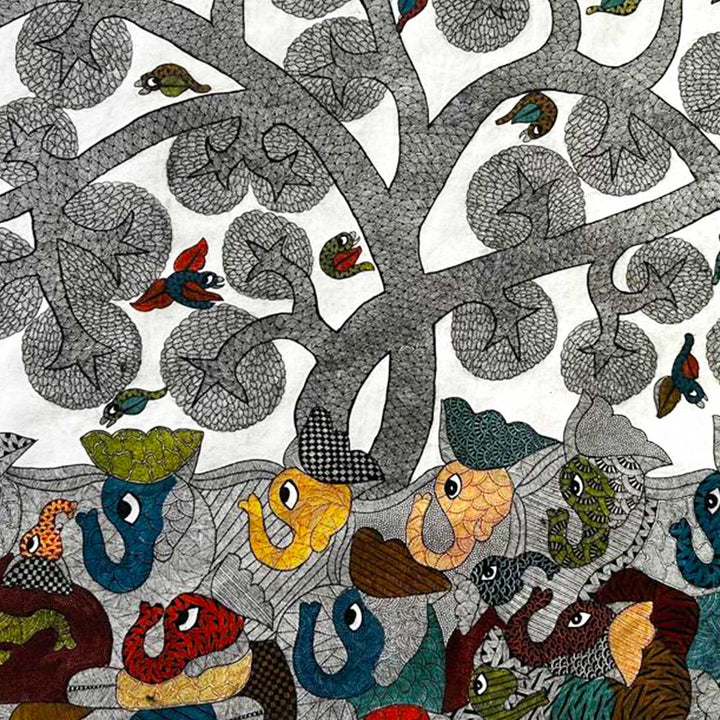 24 x 36 Inch | Earthbound and Skybound | Original Hand Painted Tribal Gond Art Painting | Acrylic Paints On Paper