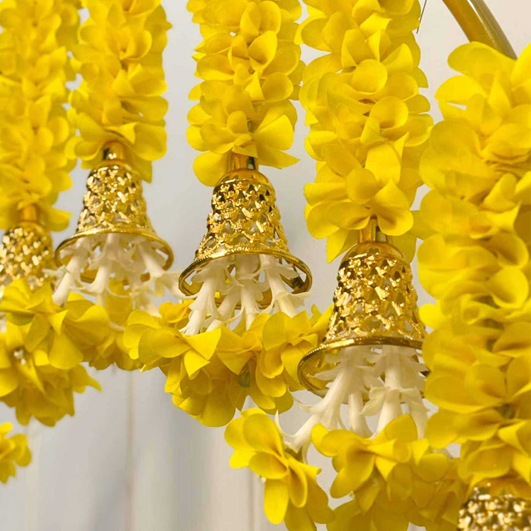 10 Pc | Yellow Floral Tassel Golden Circular Backdrop Decor Kit With Bells