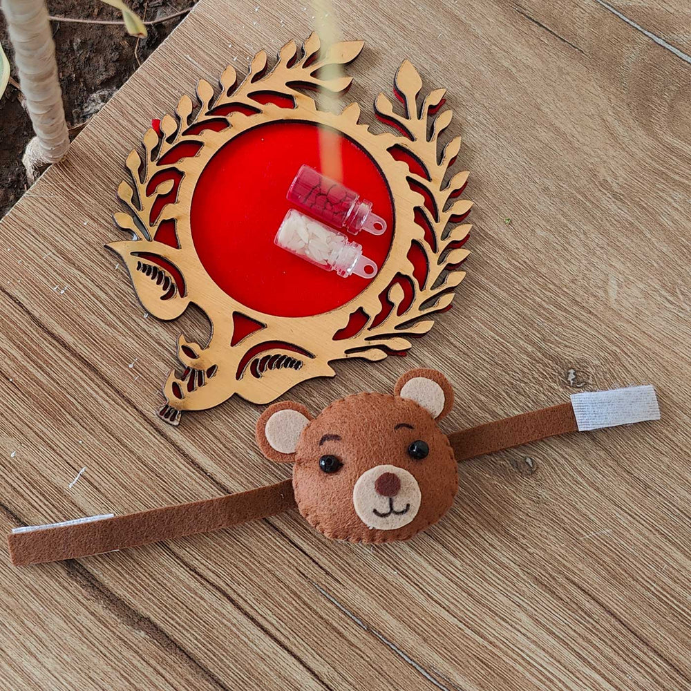 Handmade Bear Theme Felt Kids Rakhi With Roli Chawal 10 - Full Product Top View