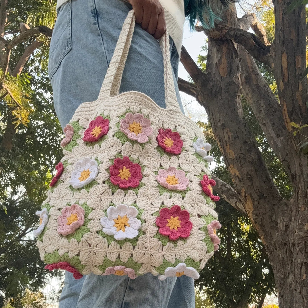 Handmade Crochet Flower Design Cotton Tote Bag