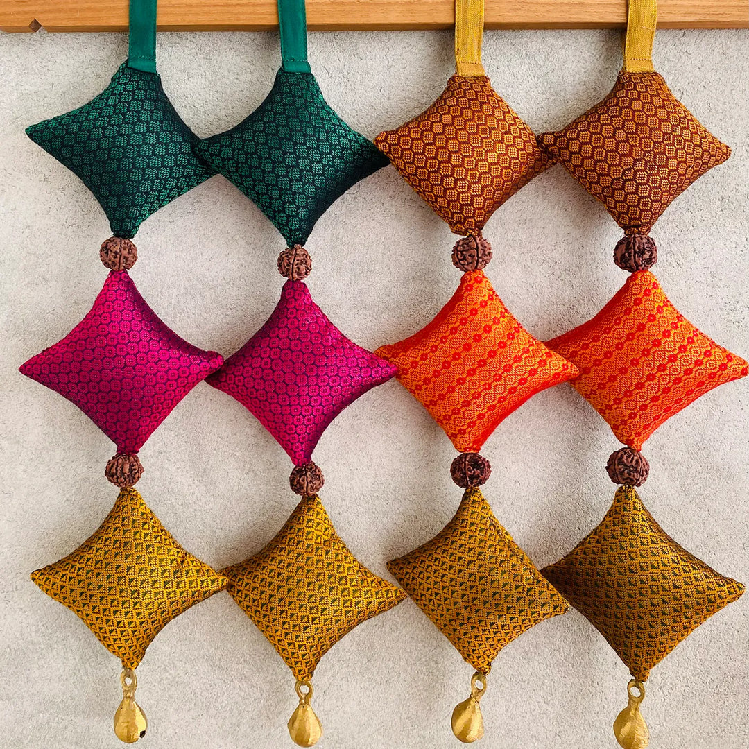 15 Inch Assorted Handmade Kite Design Beads & Rudraraksh Khunn Fabric Hanging | Set Of 4