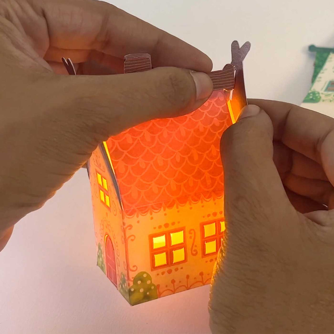 Handmade Mini Christmas Village Design Paper Tealight Holder With Electric Tealight | Set Of 6