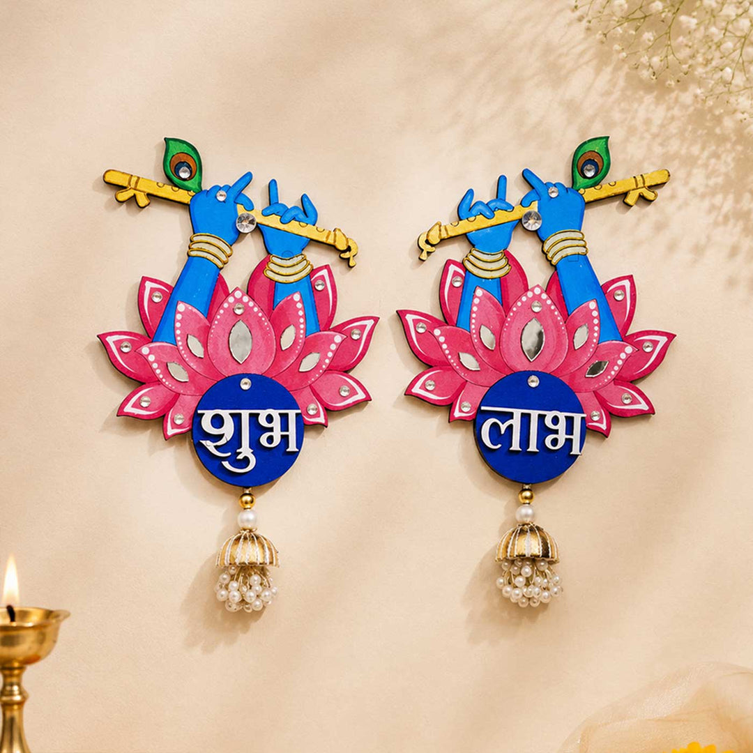 2 Pc | Hand-Painted Krishna Flute Design MDF Shubh Labh Hangings