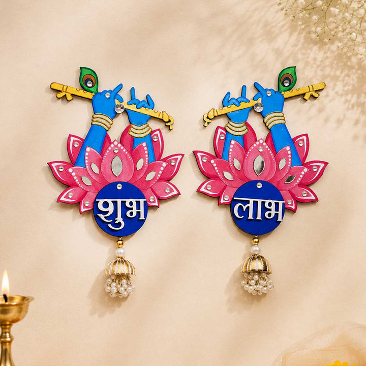 2 Pc | Hand-Painted Krishna Flute Design MDF Shubh Labh Hangings