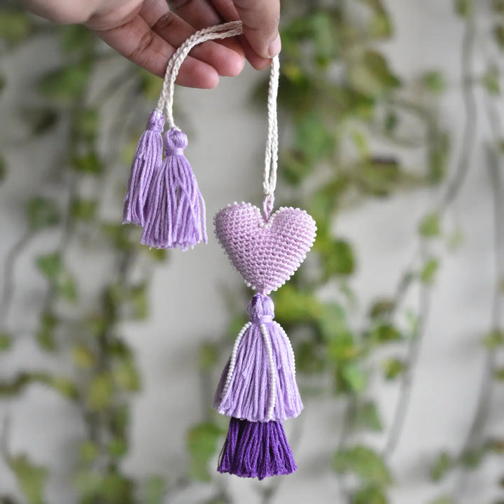 Handmade Crochet Purple Heart & Tassels Lumba Rakhi For Bhabhi With Roli Chawal