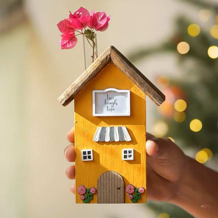 2 pc | Yellow & Blue Handcrafted Miniature Wooden House Planter/Pen Holder