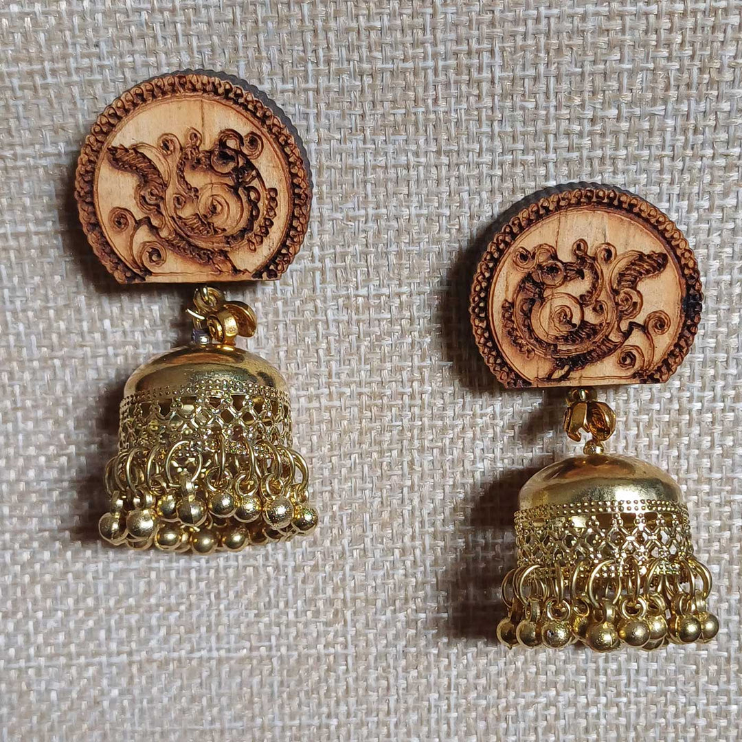 Handmade Golden Parrot Design Jhumka Wooden Earrings