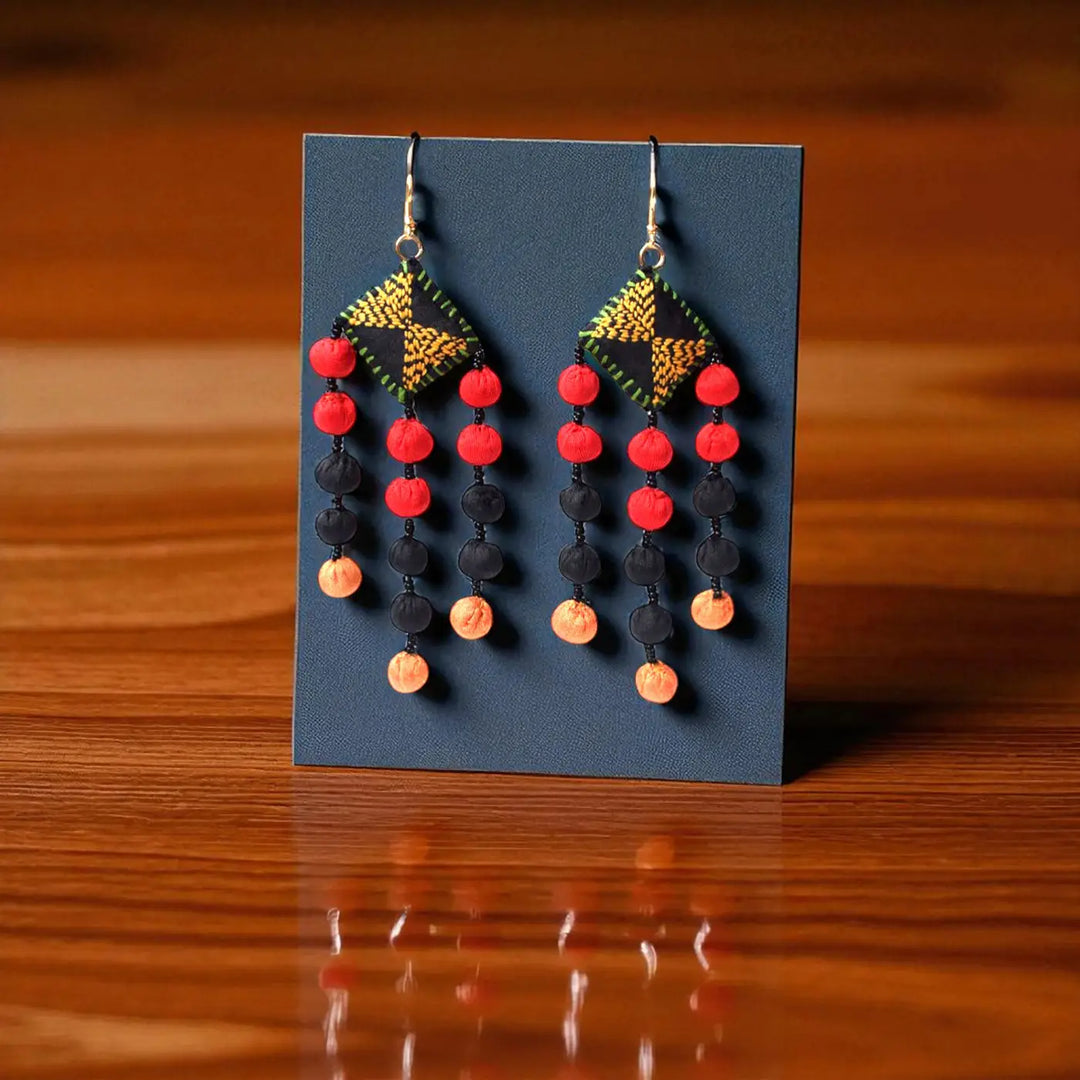 Handmade Textile Art Round Tassels Dupion Silk Fabric Earrings