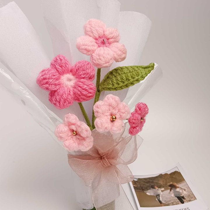 Handmade Crochet Classic Pink Blossom Mini Flower Bouquet | Includes Photo & Greeting Card